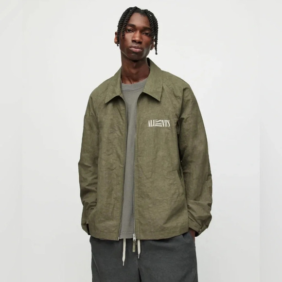 ALL SAINTS Sz S Breaker Olive Green Linen Blend Streetwear Oversized Jacket - Picture 3 of 16